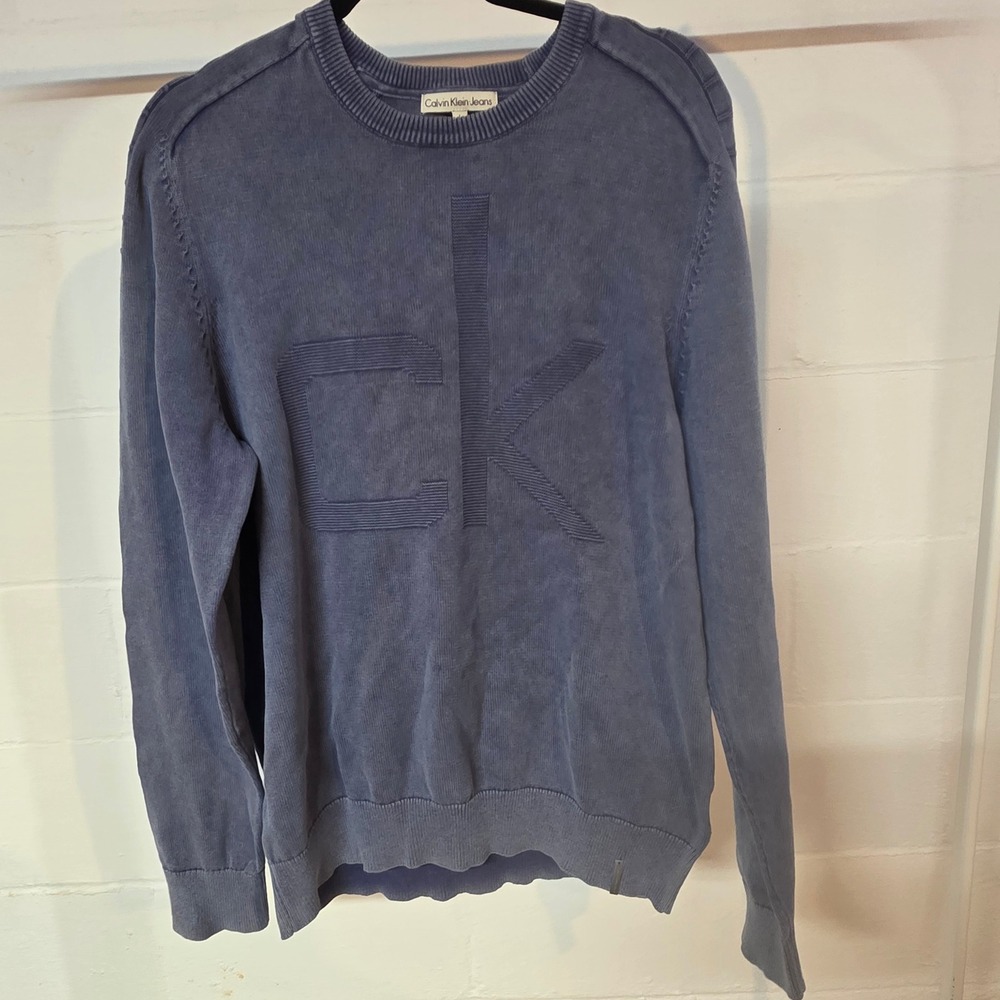 Calvin Klein Jeans Mens Large Pullover Crewneck Sweater Blue CK Logo Distressed